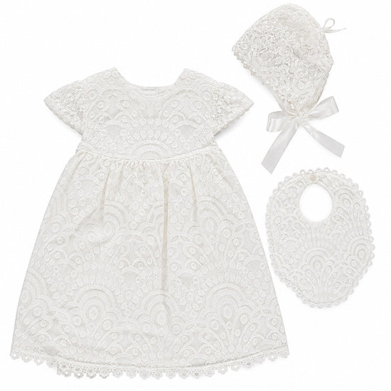 Carriage Boutique white lace baptism dress with matching bonnet and bib for christening ceremonies.