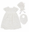 Carriage Boutique white lace baptism dress with matching bonnet and bib for christening ceremonies.