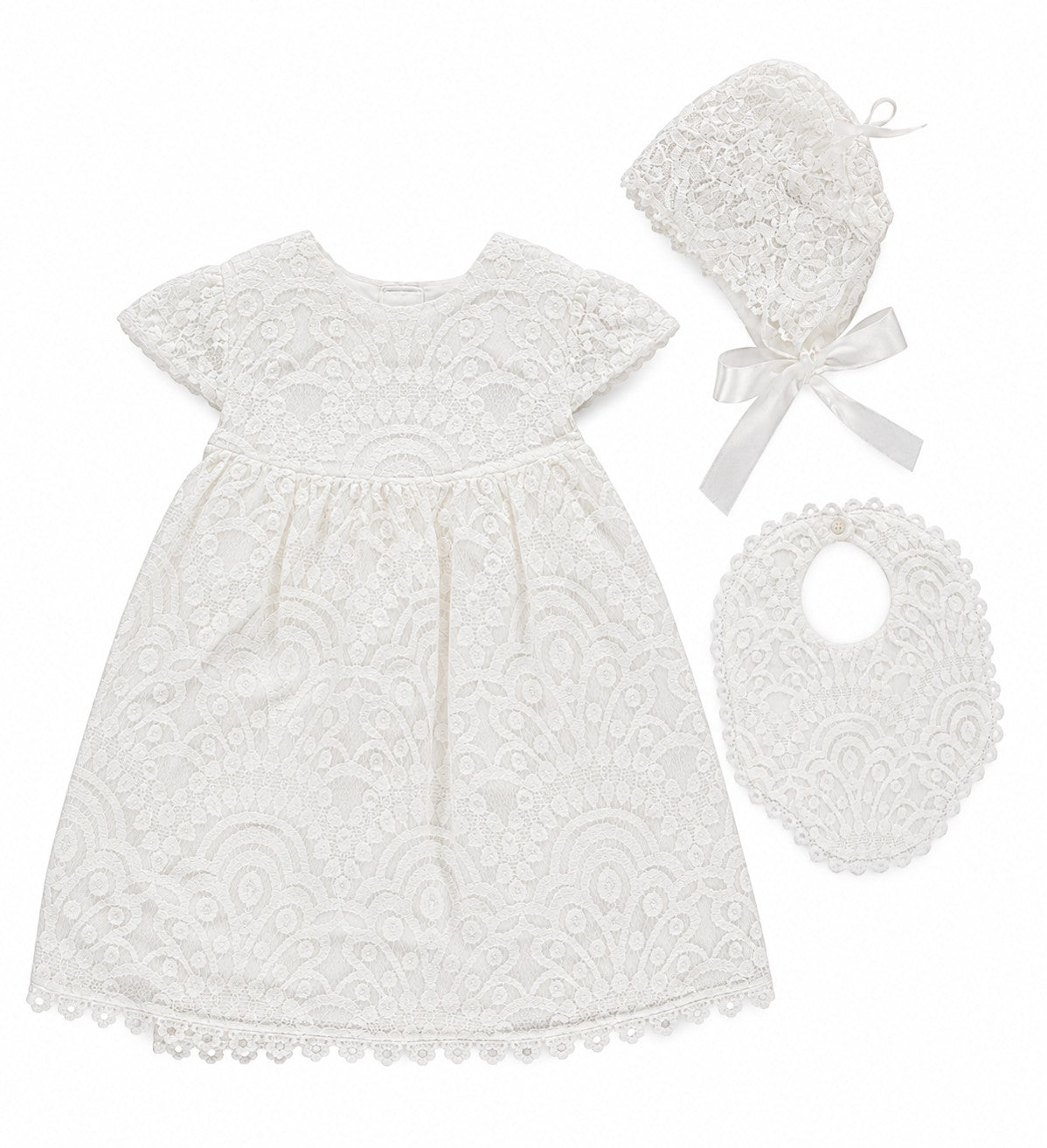 Carriage Boutique white lace baptism dress with matching bonnet and bib for christening ceremonies.