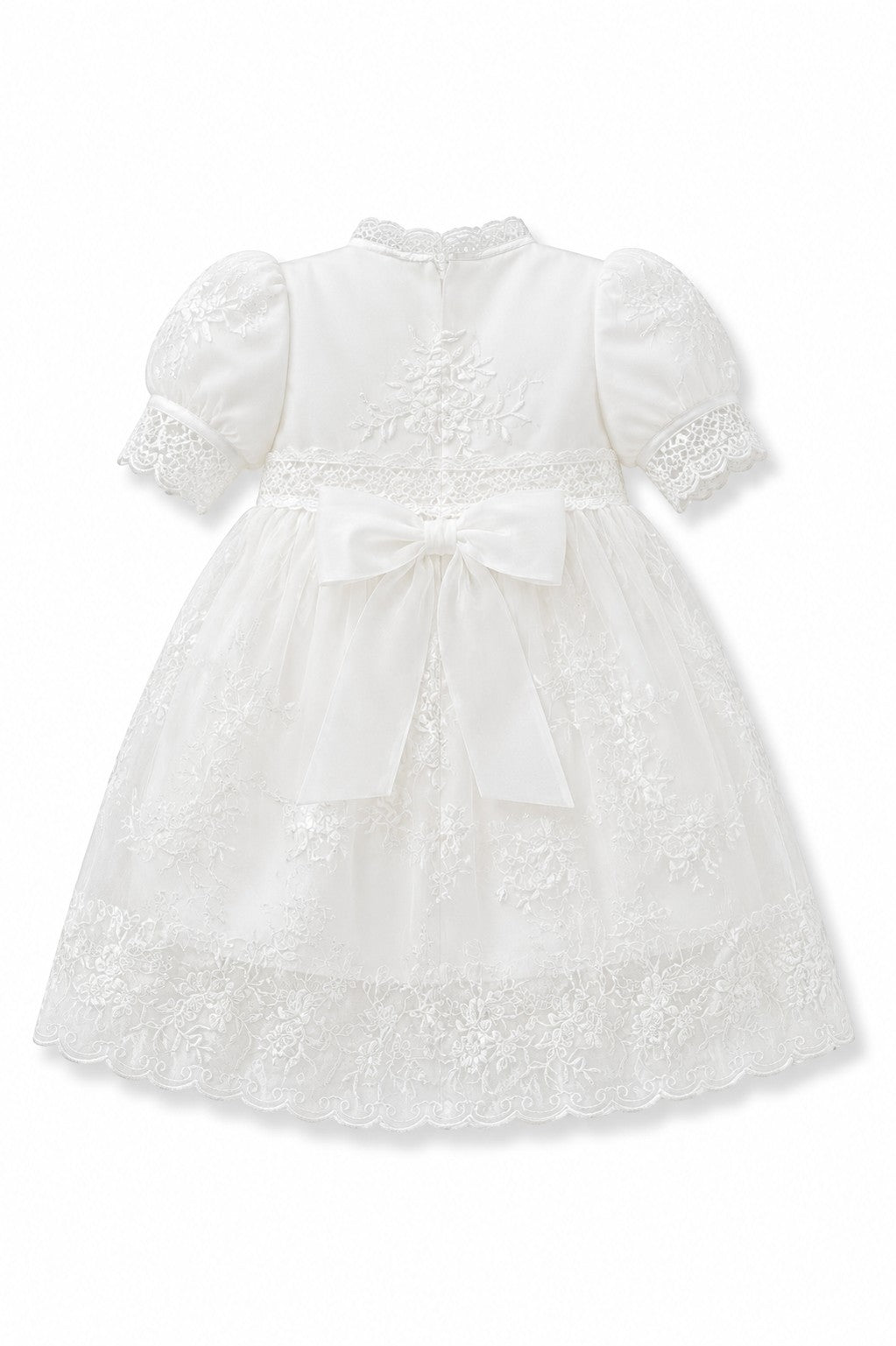 Carriage Boutique white lace christening gown with puffed sleeves, satin bow, and intricate embroidery back view.