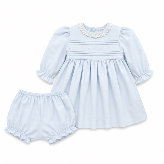 Carriage Boutique light blue cotton baby dress with lace collar, hand embroidered pin-tucks, and matching bloomers.