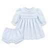 Carriage Boutique light blue cotton baby dress with lace collar, hand embroidered pin-tucks, and matching bloomers.