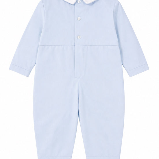 Carriage Boutique baby boy longall in light blue cotton with a white peter pan collar and back button closure