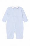 Carriage Boutique baby boy longall in light blue cotton with a white peter pan collar and back button closure