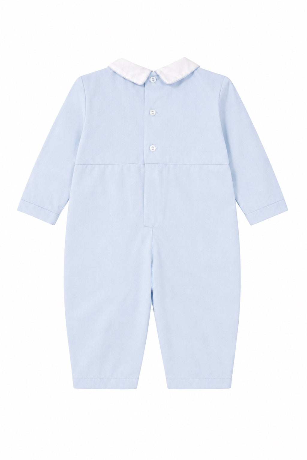 Carriage Boutique baby boy longall in light blue cotton with a white peter pan collar and back button closure