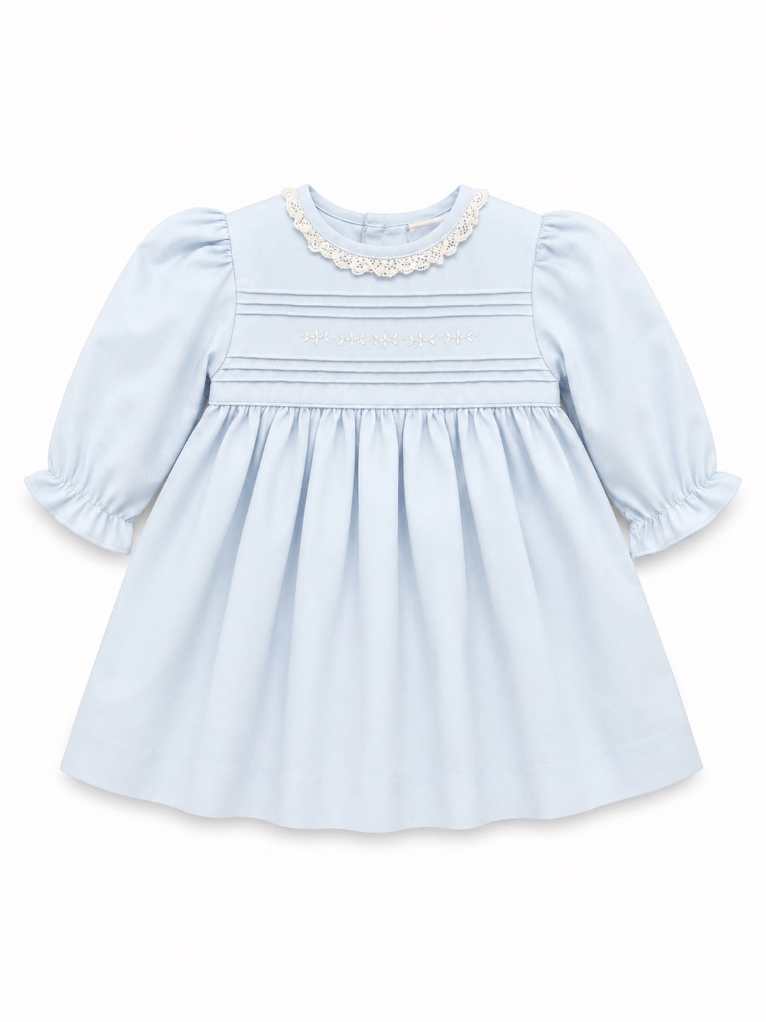 Carriage Boutique light blue cotton baby girl dress with lace collar, hand-embroidered pin-tucks, and puffy sleeves.