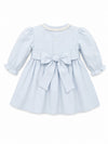Carriage Boutique light blue cotton baby dress with lace collar, puffy sleeves, and a back sash bow.