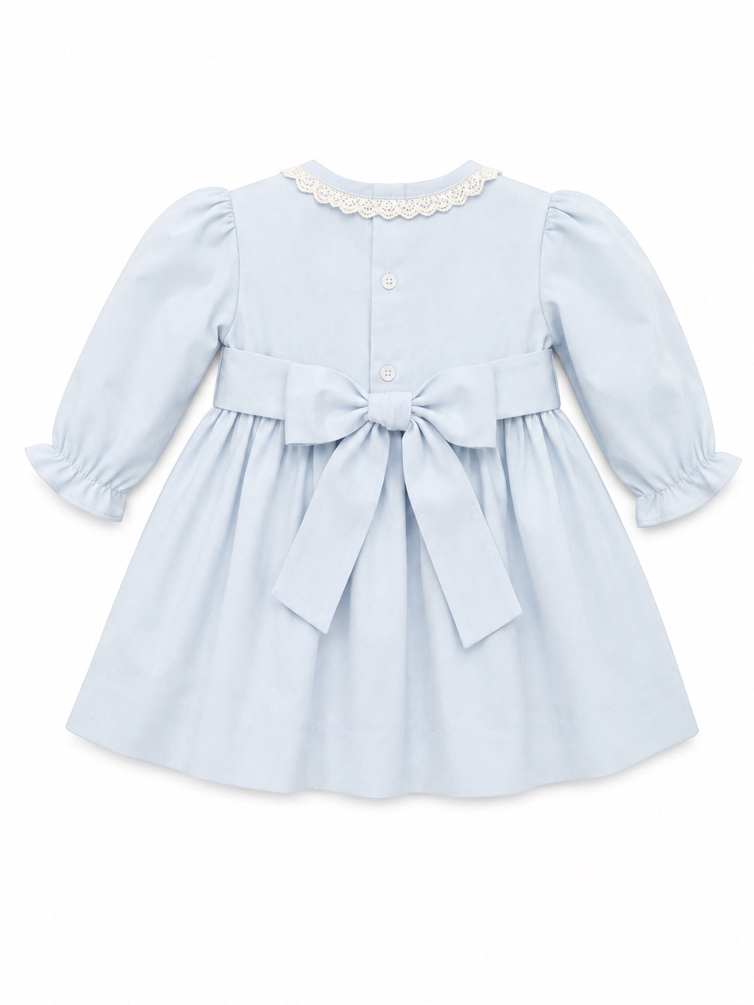 Carriage Boutique light blue cotton baby dress with lace collar, puffy sleeves, and a back sash bow.