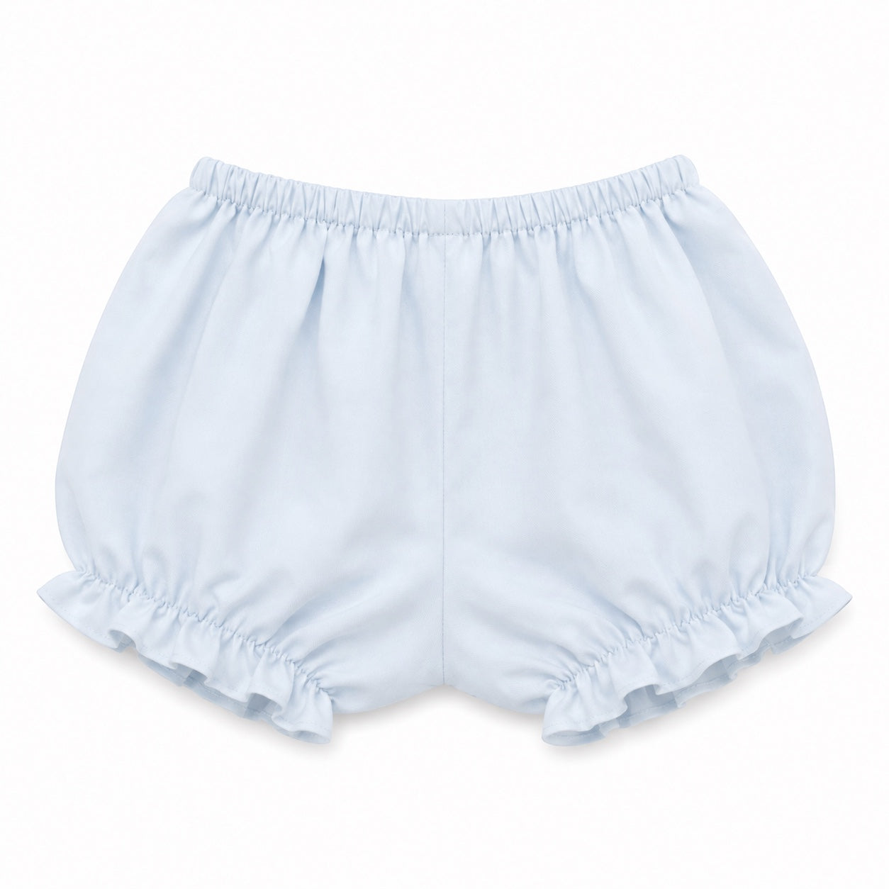Carriage Boutique light blue cotton baby bloomers with elastic waist and ruffled leg openings