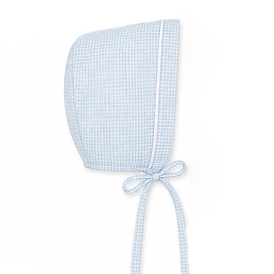 Carriage Boutique light blue gingham baby bonnet with white piping and tie closure.