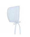 Carriage Boutique light blue gingham baby bonnet with white piping and tie closure.