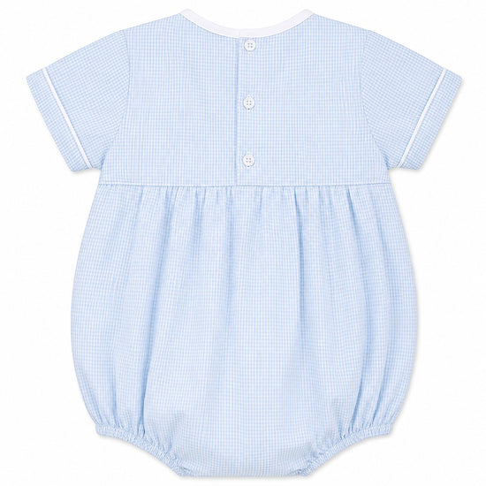 Carriage Boutique light blue gingham bubble and bonnet set with white piping and button back closure.