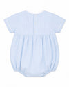 Carriage Boutique light blue gingham bubble and bonnet set with white piping and button back closure.