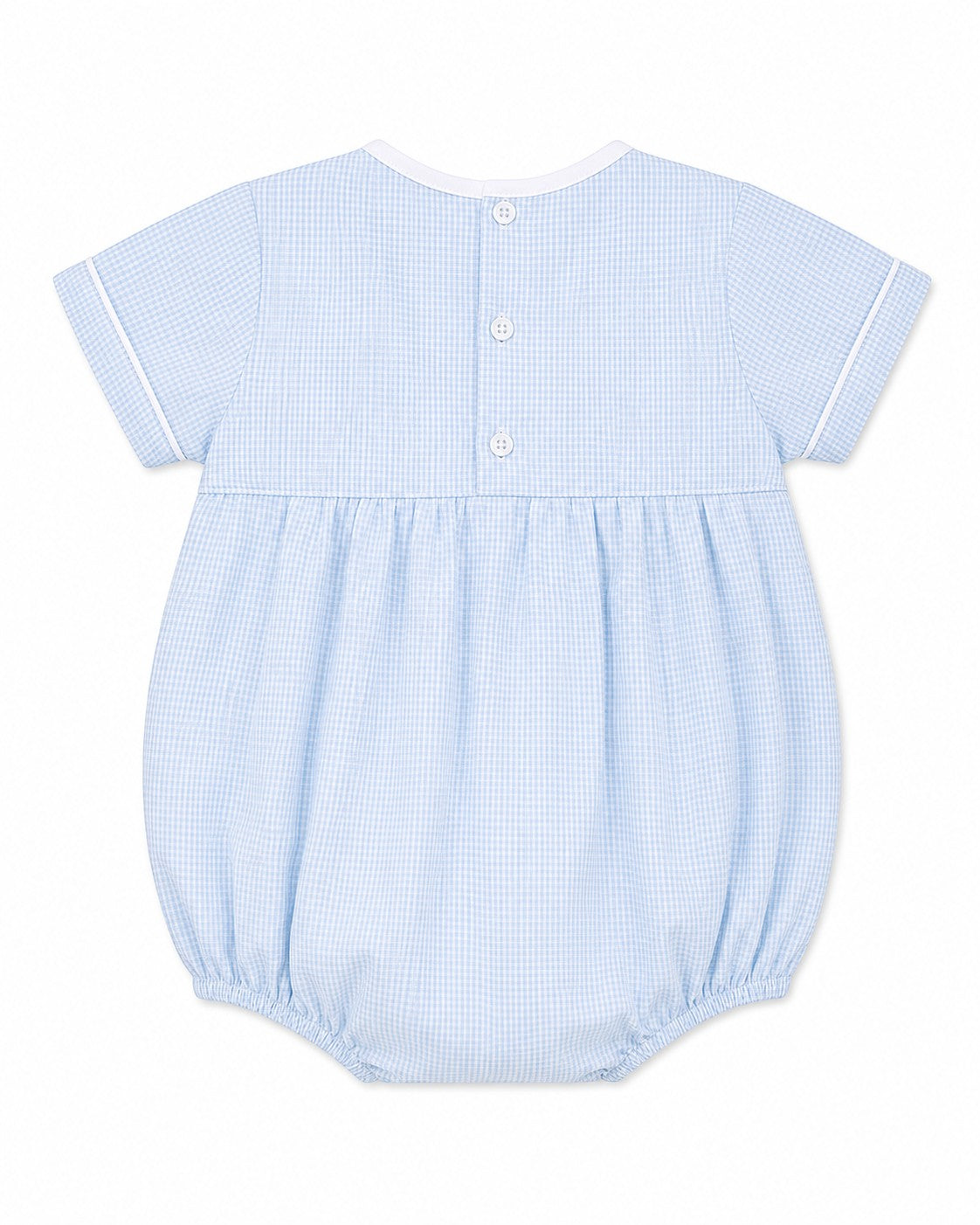 Carriage Boutique light blue gingham bubble and bonnet set with white piping and button back closure.