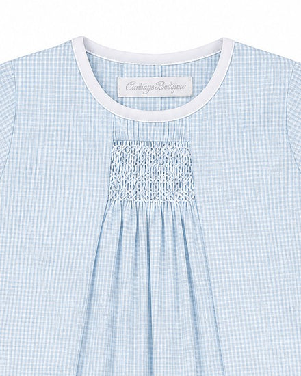 Carriage Boutique light blue gingham baby bubble and bonnet set with white piping and hand-smocking.