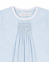 Carriage Boutique light blue gingham baby bubble and bonnet set with white piping and hand-smocking.