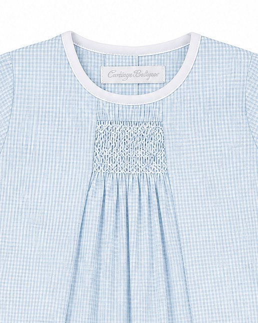 Carriage Boutique light blue gingham baby bubble and bonnet set with white piping and hand-smocking.