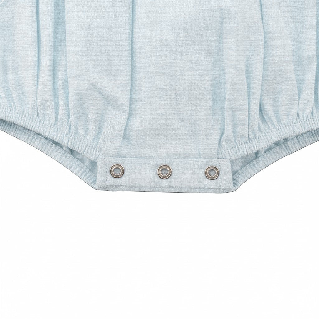 Carriage Boutique light blue cotton bubble romper with smocked sailboat detail and snap closures.