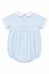 Carriage Boutique light blue cotton bubble romper with white collar and piped cuffs, featuring smocking with sailboats and lighthouse.