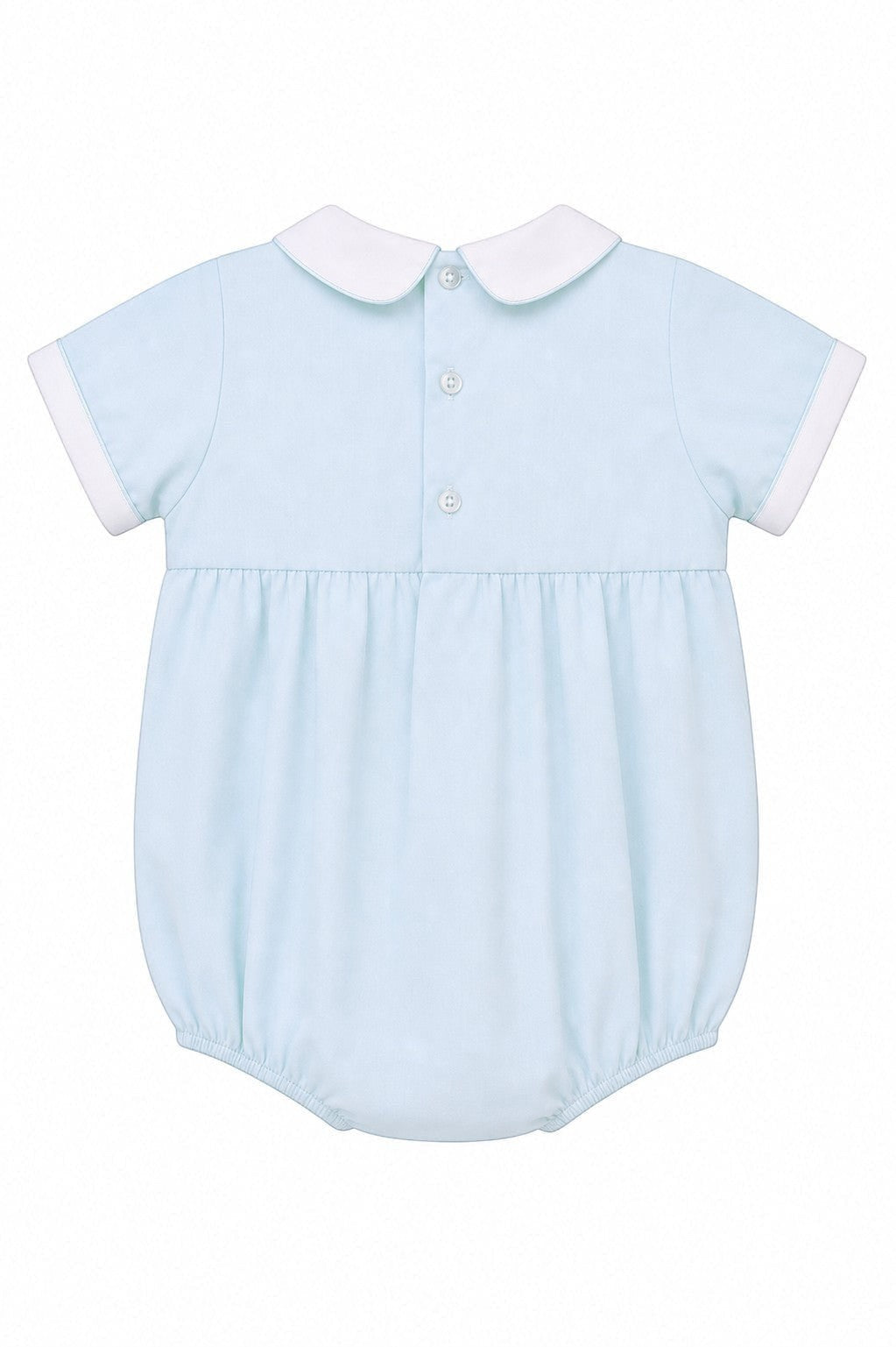 Carriage Boutique light blue cotton bubble romper with white collar and piped cuffs, featuring smocking with sailboats and lighthouse.