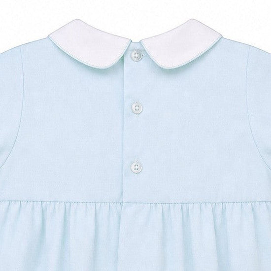 Carriage Boutique light blue cotton bubble romper with white collar and smocked sailboat detail.