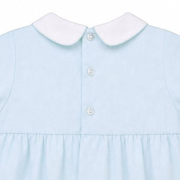 Carriage Boutique light blue cotton bubble romper with white collar and smocked sailboat detail.