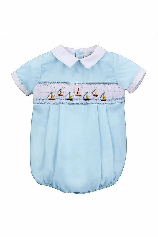 Carriage Boutique light blue cotton bubble romper with smocked chest featuring embroidered sailboats and lighthouse, white collar and cuffs.