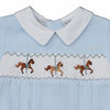 Carriage Boutique light blue bubble romper with smocked carousel horses and Peter Pan collar.