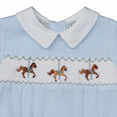Carriage Boutique light blue bubble romper with smocked carousel horses and Peter Pan collar.