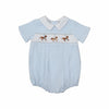 Carriage Boutique light blue bubble romper with smocked carousel horses and Peter Pan collar.