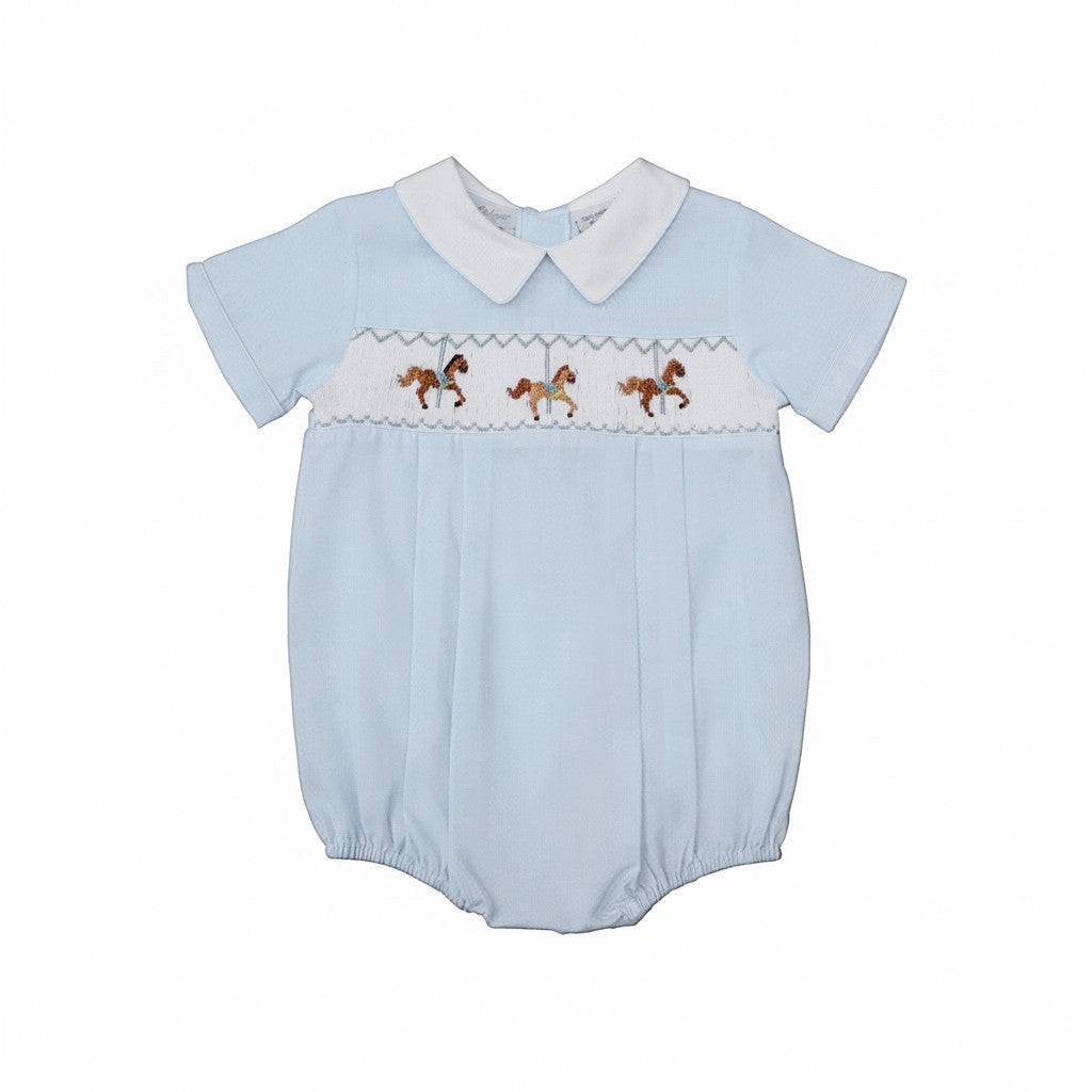 Carriage Boutique light blue bubble romper with smocked carousel horses and Peter Pan collar.