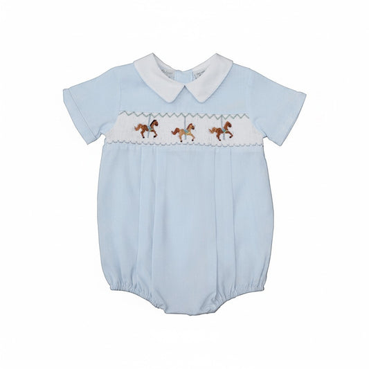 Carriage Boutique light blue bubble romper with smocked carousel horses and Peter Pan collar.
