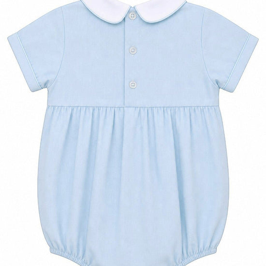 Carriage Boutique light blue bubble romper with white Peter Pan collar and smocked carousel horse detail.