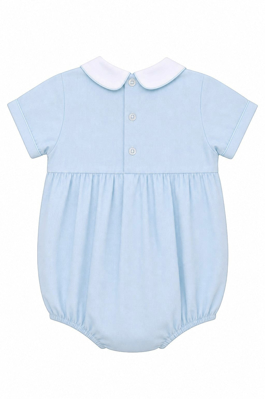 Carriage Boutique light blue bubble romper with white Peter Pan collar and smocked carousel horse detail.
