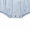 Carriage Boutique light blue smocked carousel horse bubble romper with Peter Pan collar and snap closure.