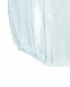 Carriage Boutique light blue smocked bubble romper with train motif, Peter Pan collar, and white piping.