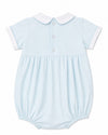 Carriage Boutique light blue bubble romper with Peter Pan collar, white piping, and smocking with a train motif.