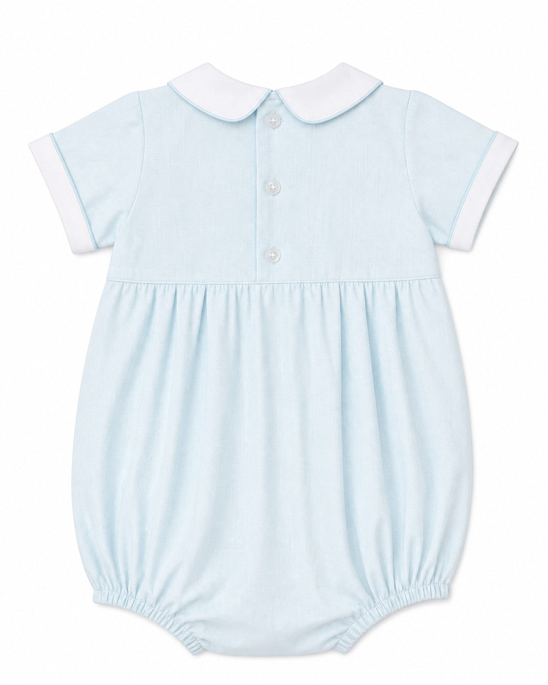 Carriage Boutique light blue bubble romper with Peter Pan collar, white piping, and smocking with a train motif.