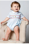 Carriage Boutique light blue bubble romper with smocking and train motif, Peter Pan collar, white piping, short sleeves.