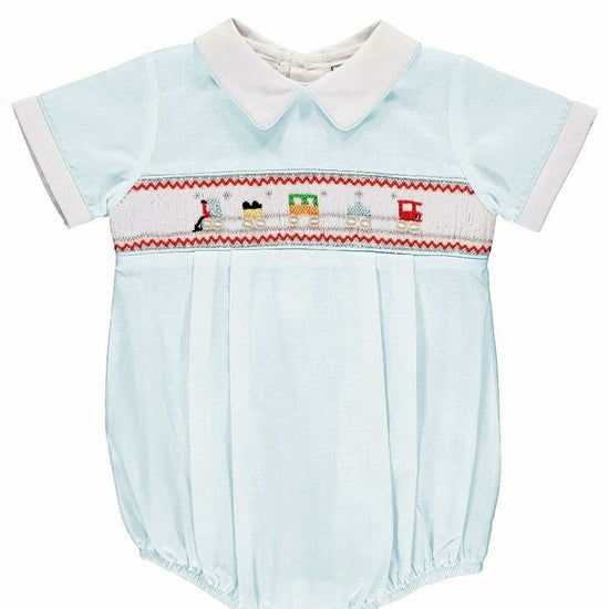 Carriage Boutique light blue bubble romper with smocking and train motif, Peter Pan collar, short sleeves, white piping.