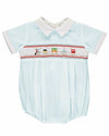 Carriage Boutique light blue bubble romper with smocking and train motif, Peter Pan collar, short sleeves, white piping.