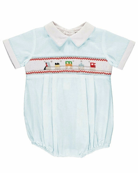 Carriage Boutique light blue bubble romper with smocking and train motif, Peter Pan collar, short sleeves, white piping.