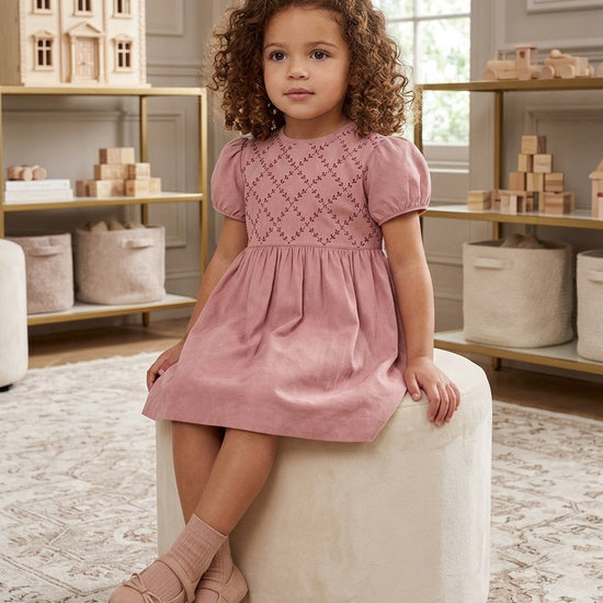 Carriage Boutique mauve suede-like baby dress with smocked embroidered yoke and short sleeves worn by a young girl