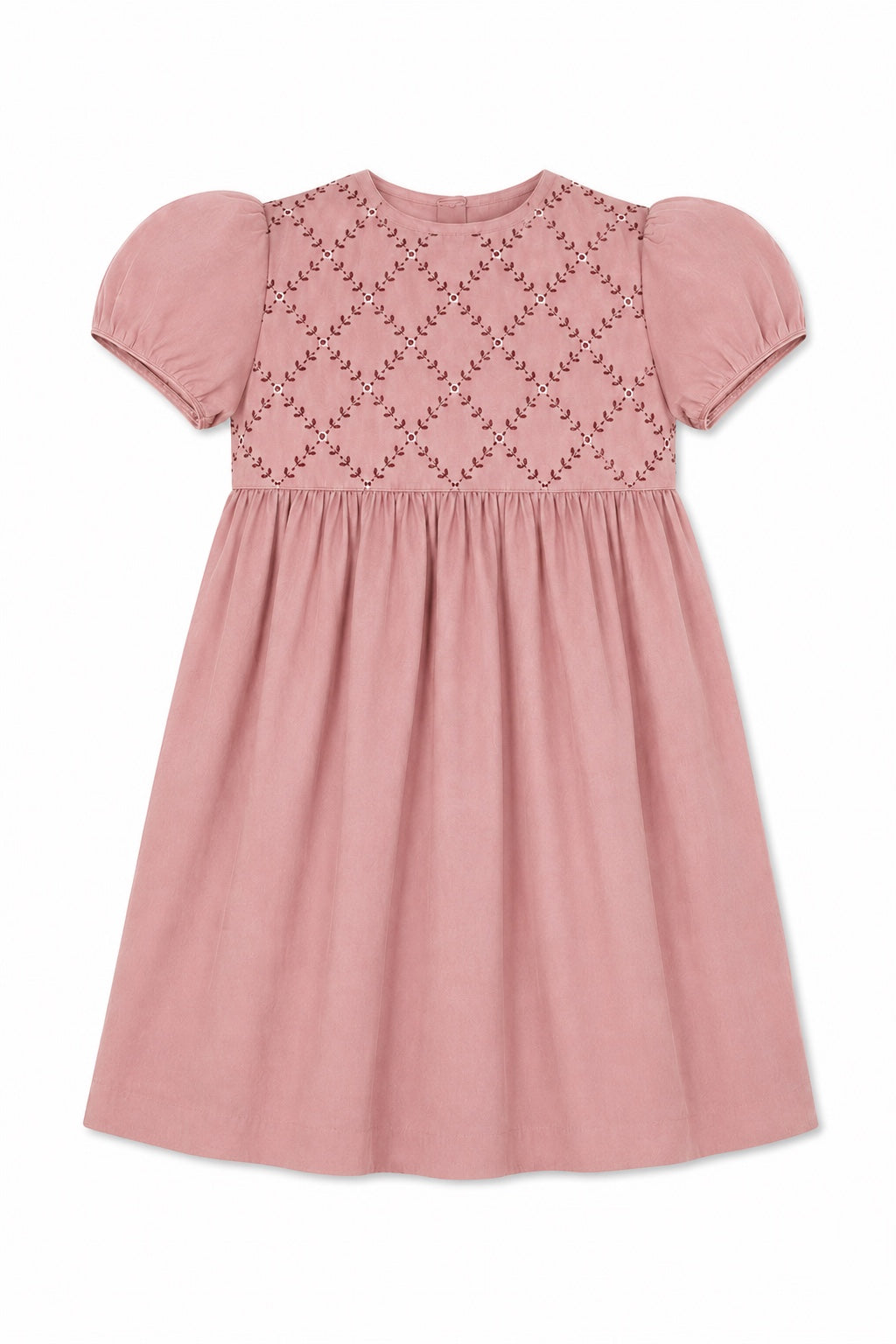Carriage Boutique mauve baby dress with short sleeves, smocked yoke, and delicate hand embroidery on soft fabric.