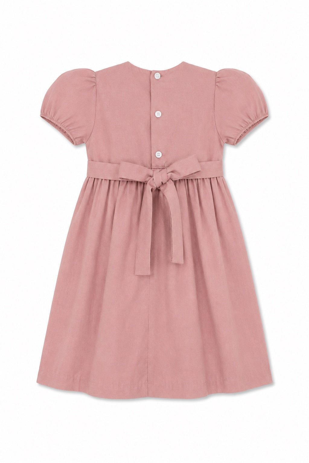 Back view of Carriage Boutique mauve suede-like baby dress with short puff sleeves, button closure, and waist tie.