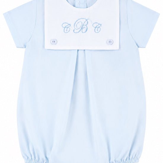 Carriage Boutique baby boy bubble romper in light blue cotton with a white collar and custom monogram embroidery