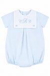 Carriage Boutique baby boy bubble romper in light blue cotton with a white collar and custom monogram embroidery