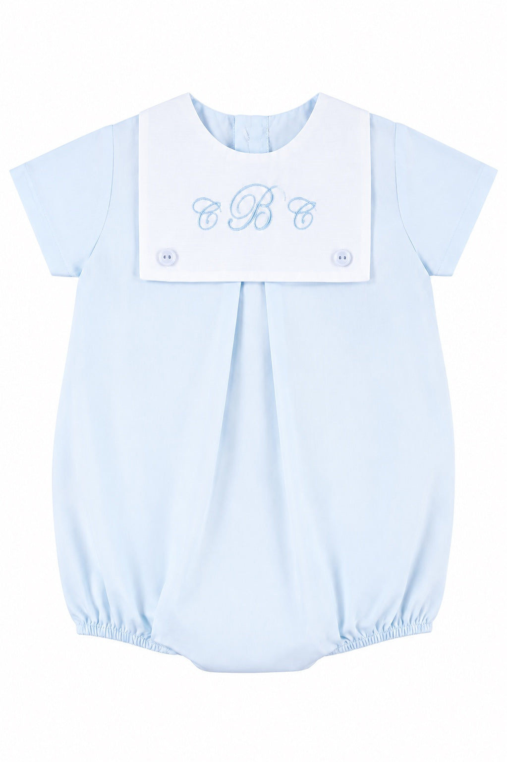 Carriage Boutique baby boy bubble romper in light blue cotton with a white collar and custom monogram embroidery