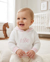 Carriage Boutique baby girl white hooded sweater with pink striped trim and custom monogram on the chest