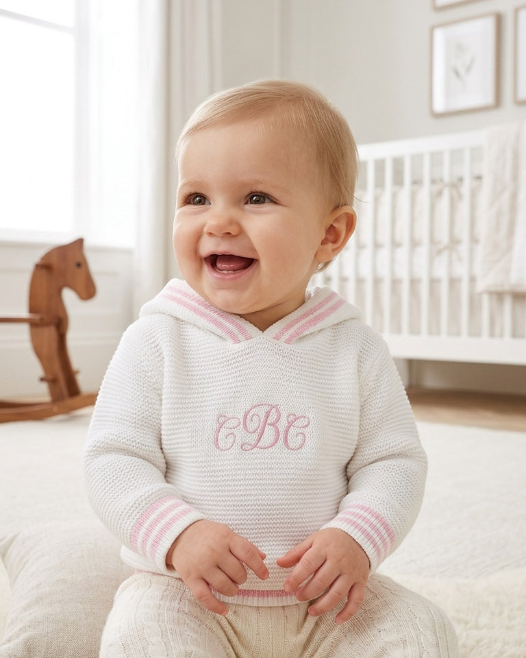 Carriage Boutique baby girl white hooded sweater with pink striped trim and custom monogram on the chest